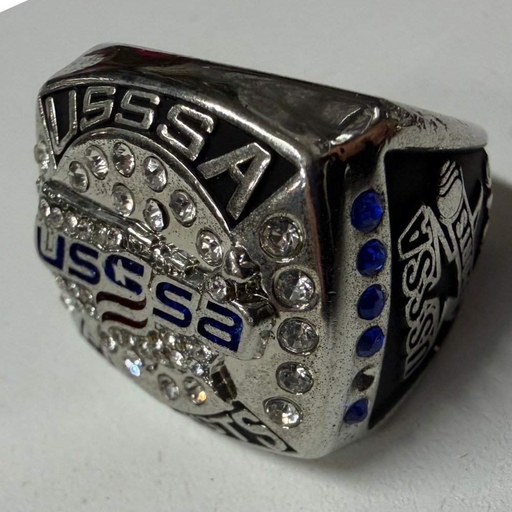USSSA Baseball Championship Ring Silver Tone Rhinestone Blue Accents Collectible